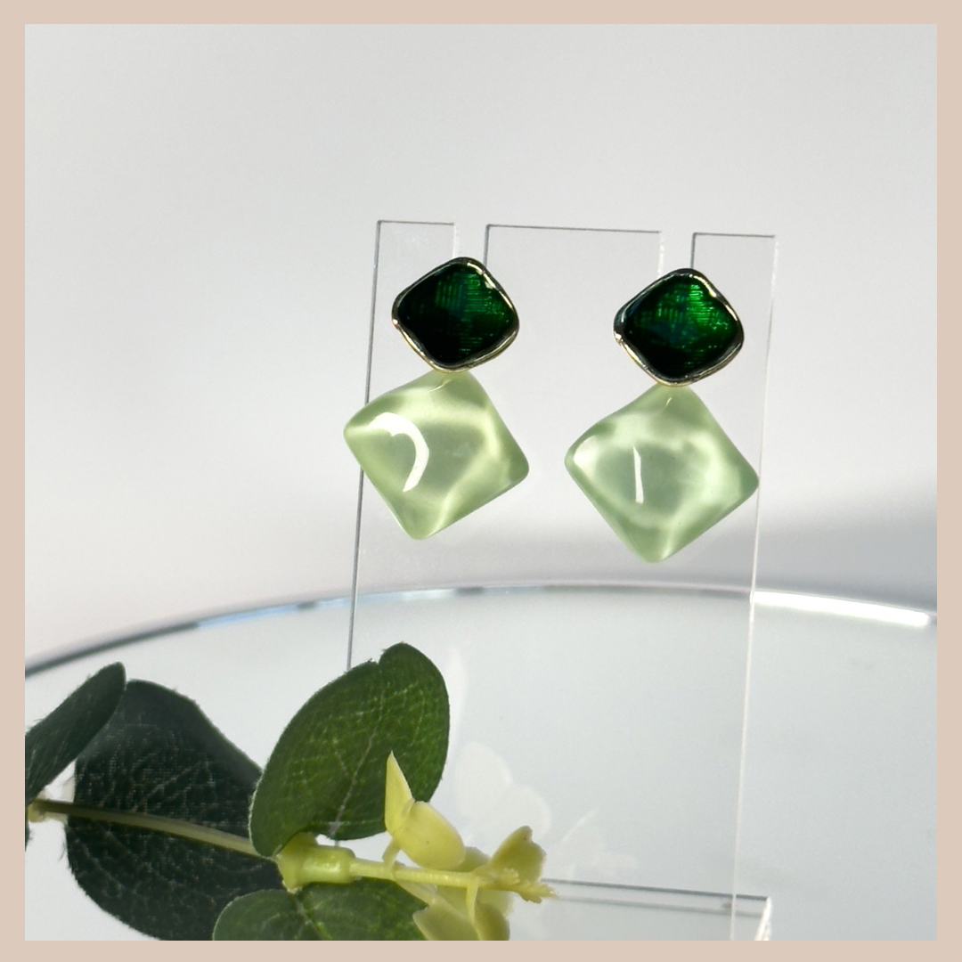 2 Tone Fixed Drop Earrings - Green