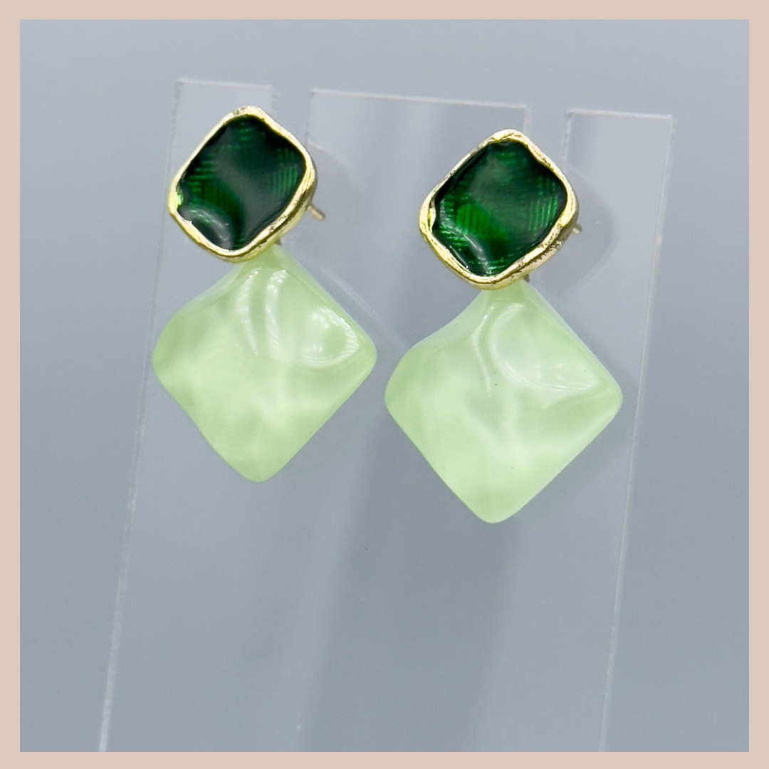 2 Tone Fixed Drop Earrings - Green