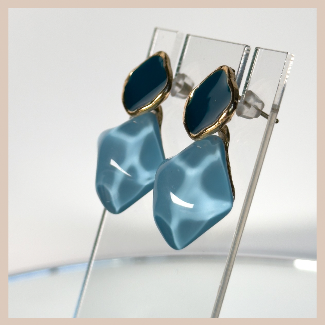 2 Tone Fixed Drop Earrings - Blue