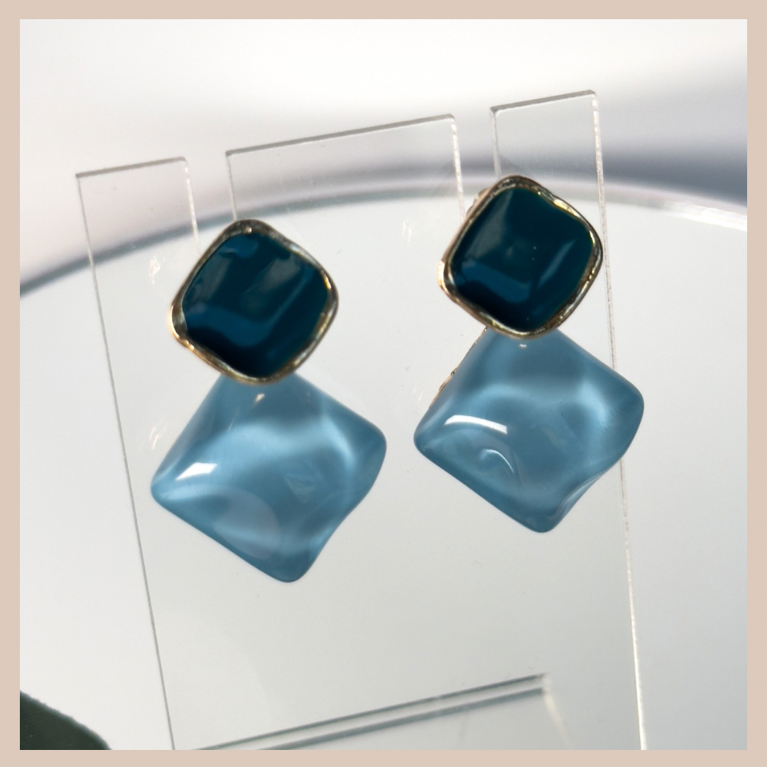 2 Tone Fixed Drop Earrings - Blue