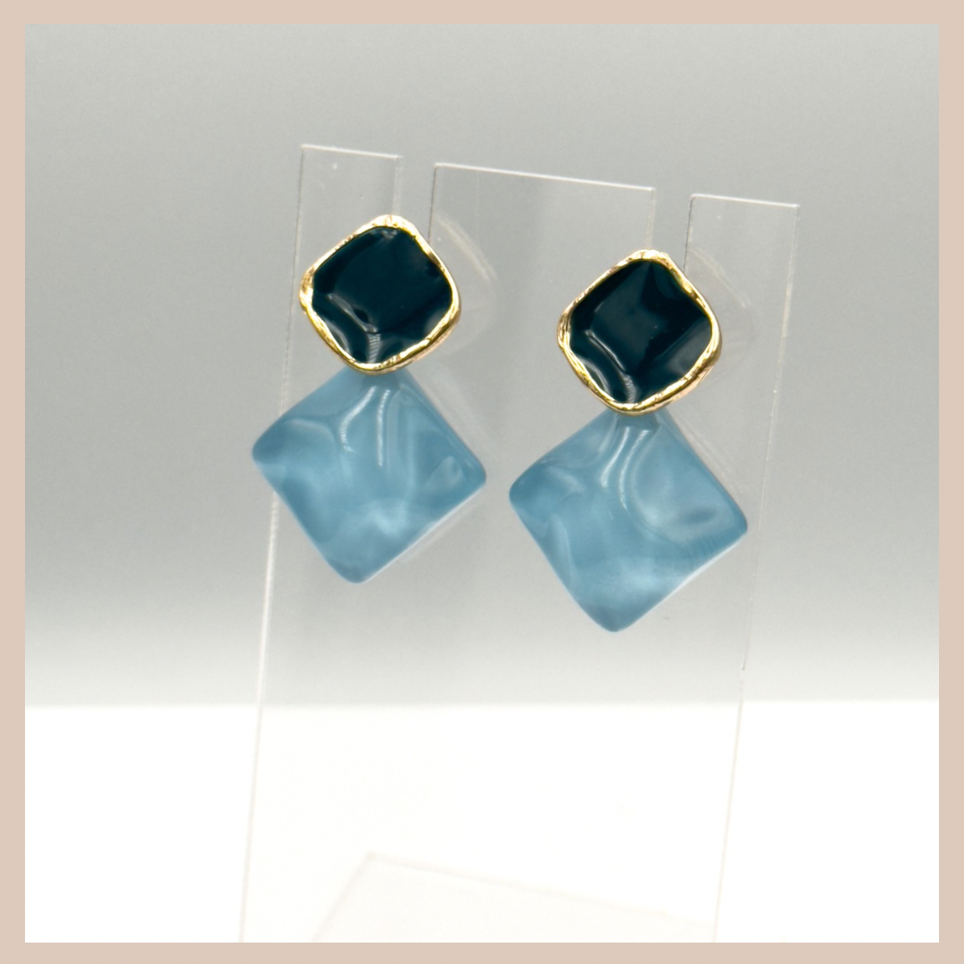 2 Tone Fixed Drop Earrings - Blue