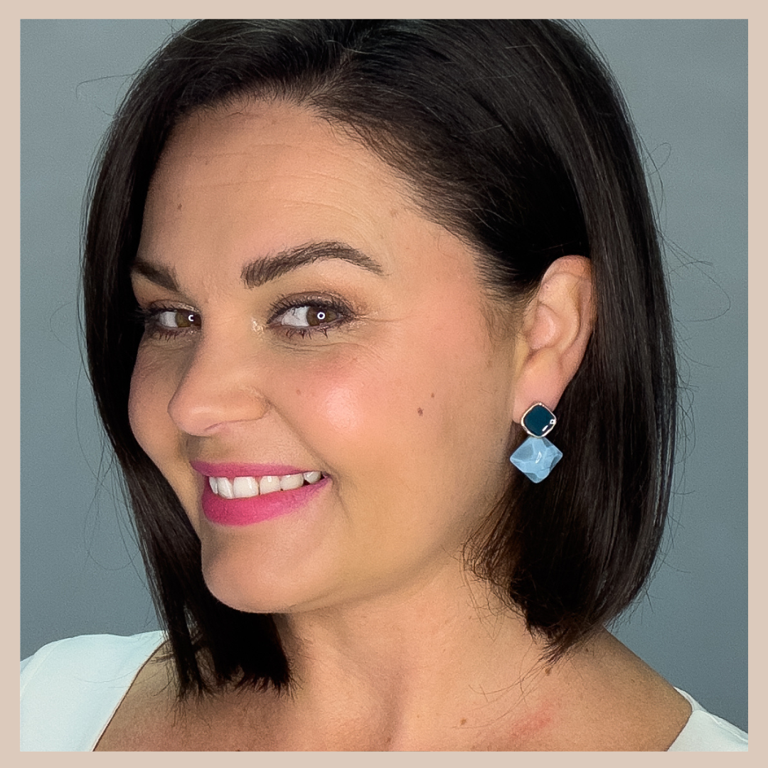 2 Tone Fixed Drop Earrings - Blue