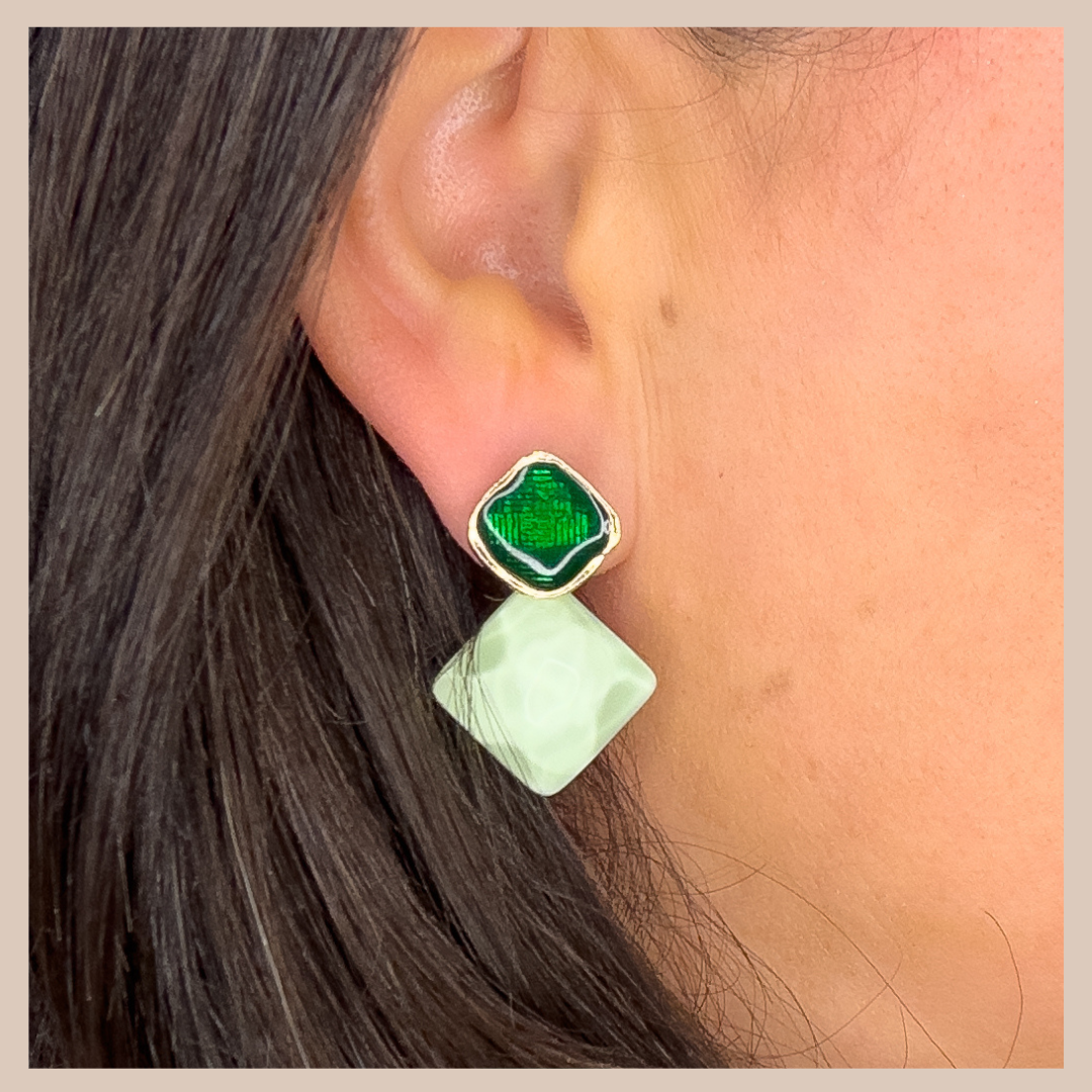 2 Tone Fixed Drop Earrings - Green