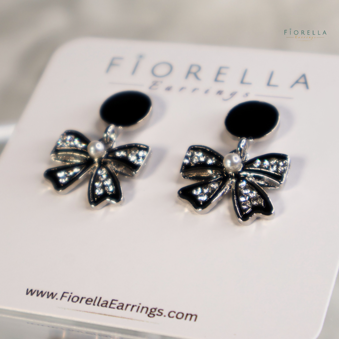 Black & Silver Enamel Bow Earrings – Crystal & Pearl Statement Studs