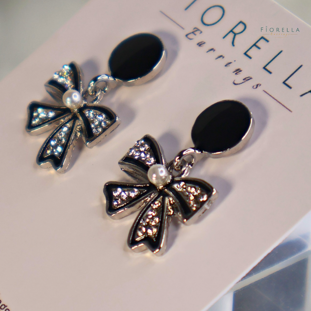 Black & Silver Enamel Bow Earrings – Crystal & Pearl Statement Studs