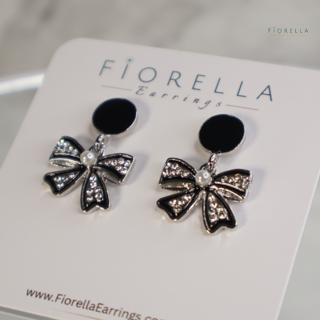 Black & Silver Enamel Bow Earrings – Crystal & Pearl Statement Studs