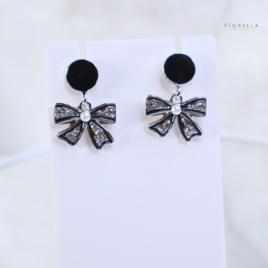 Black & Silver Enamel Bow Earrings – Crystal & Pearl Statement Studs