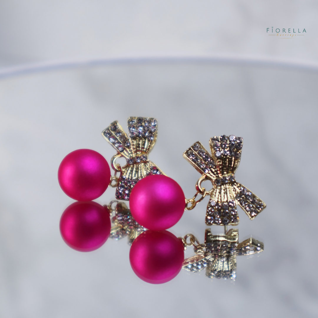 Gold Diamanté Bow & Hot Pink Drop Earrings