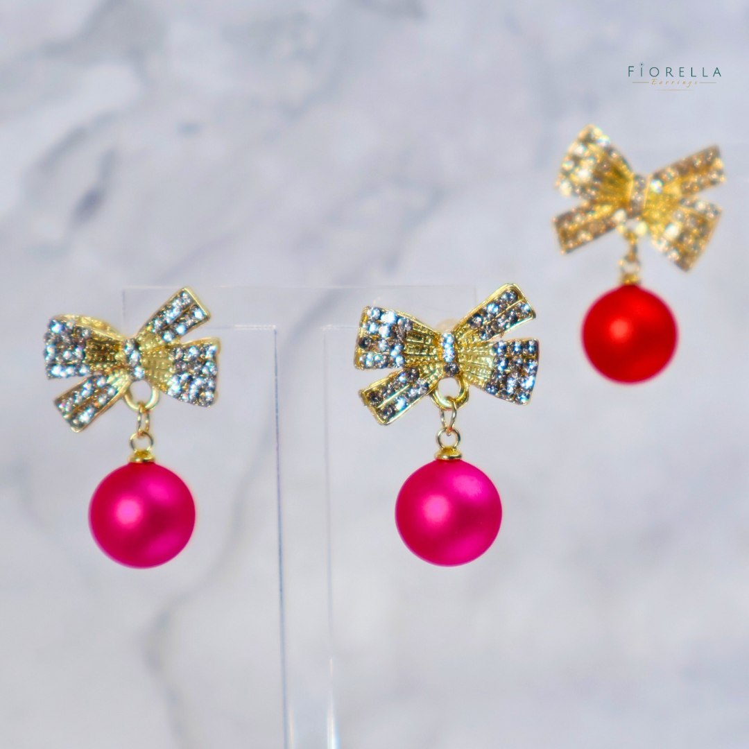 Gold Diamanté Bow & Hot Pink Drop Earrings