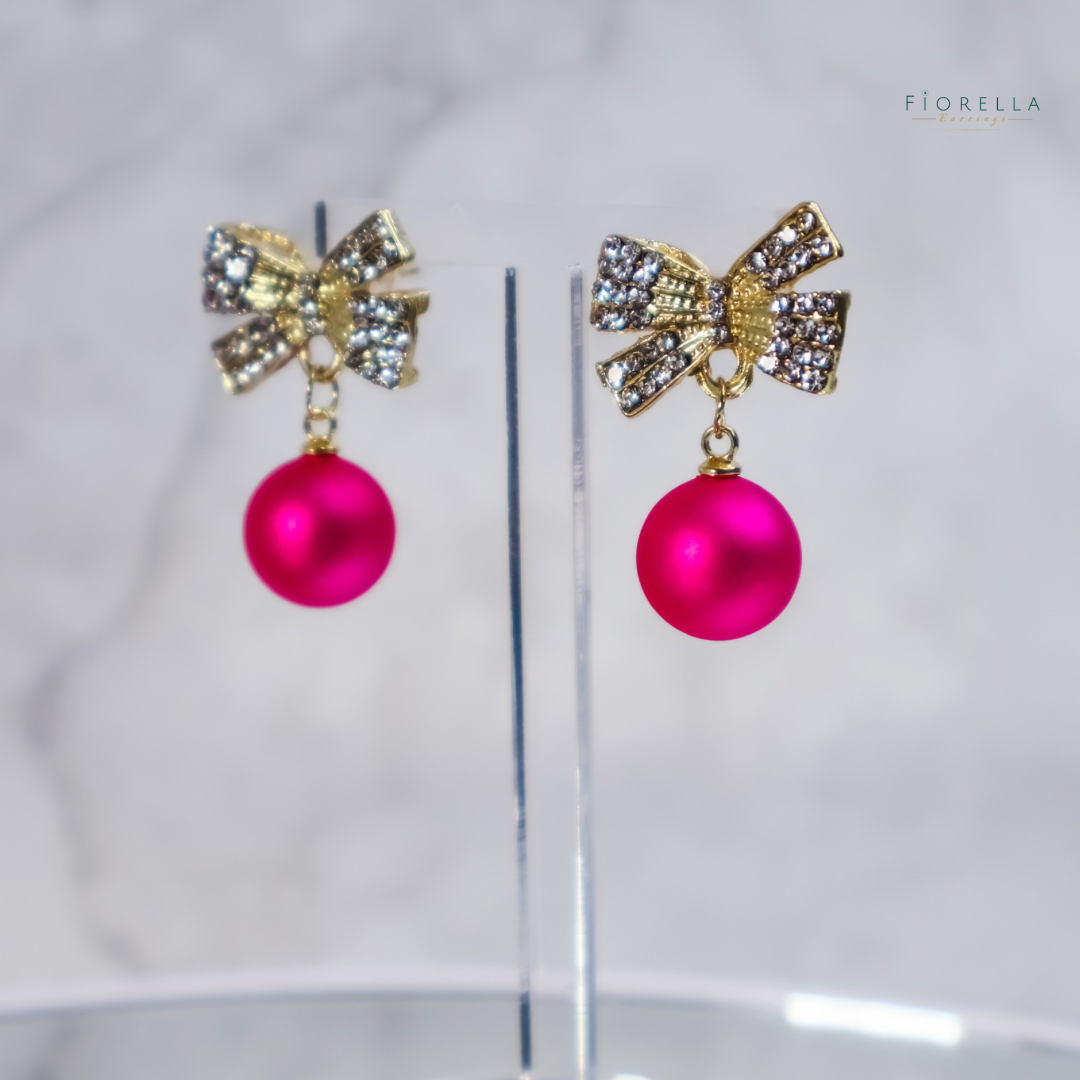 Gold Diamanté Bow & Hot Pink Drop Earrings