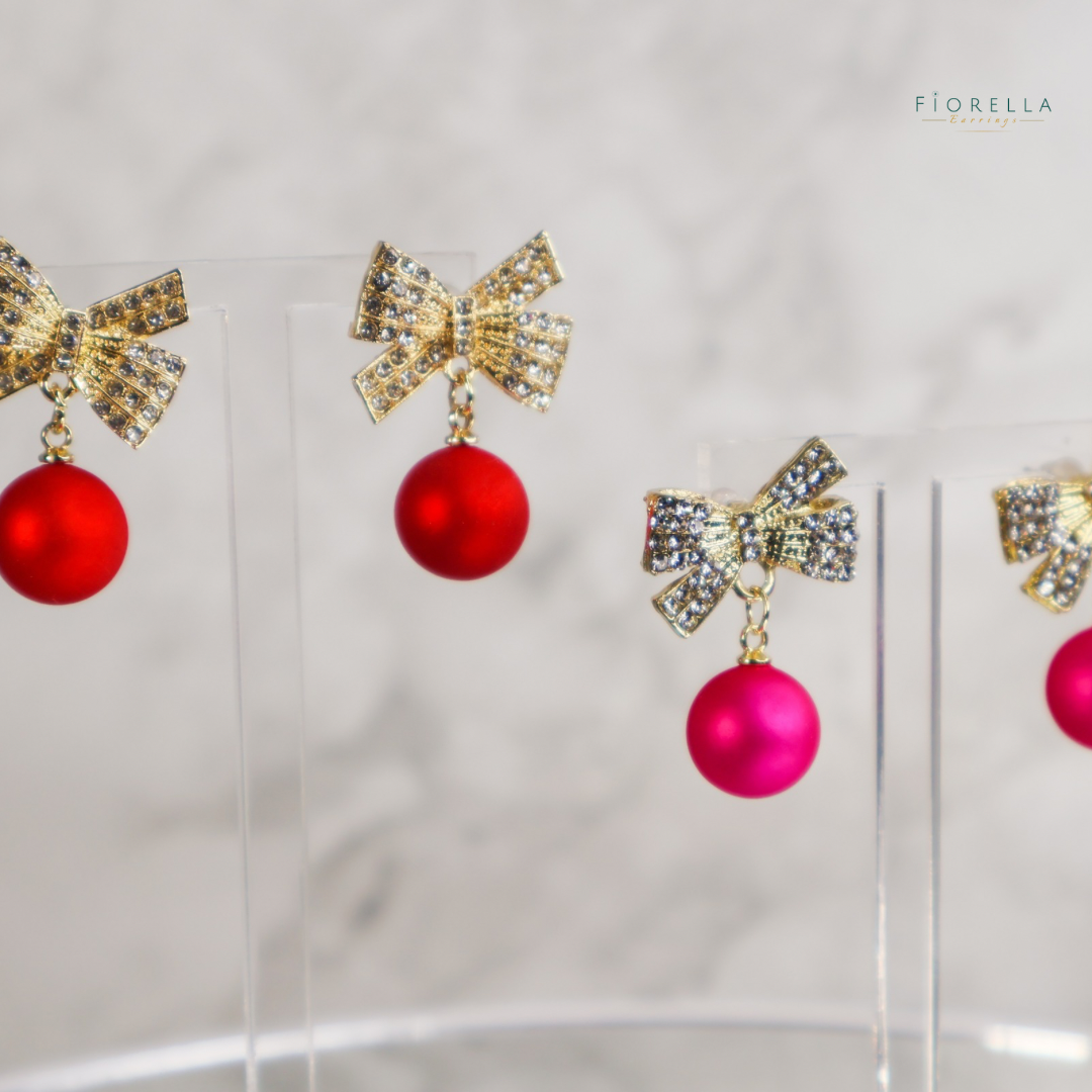 Gold Diamanté Bow & Red Drop Earrings