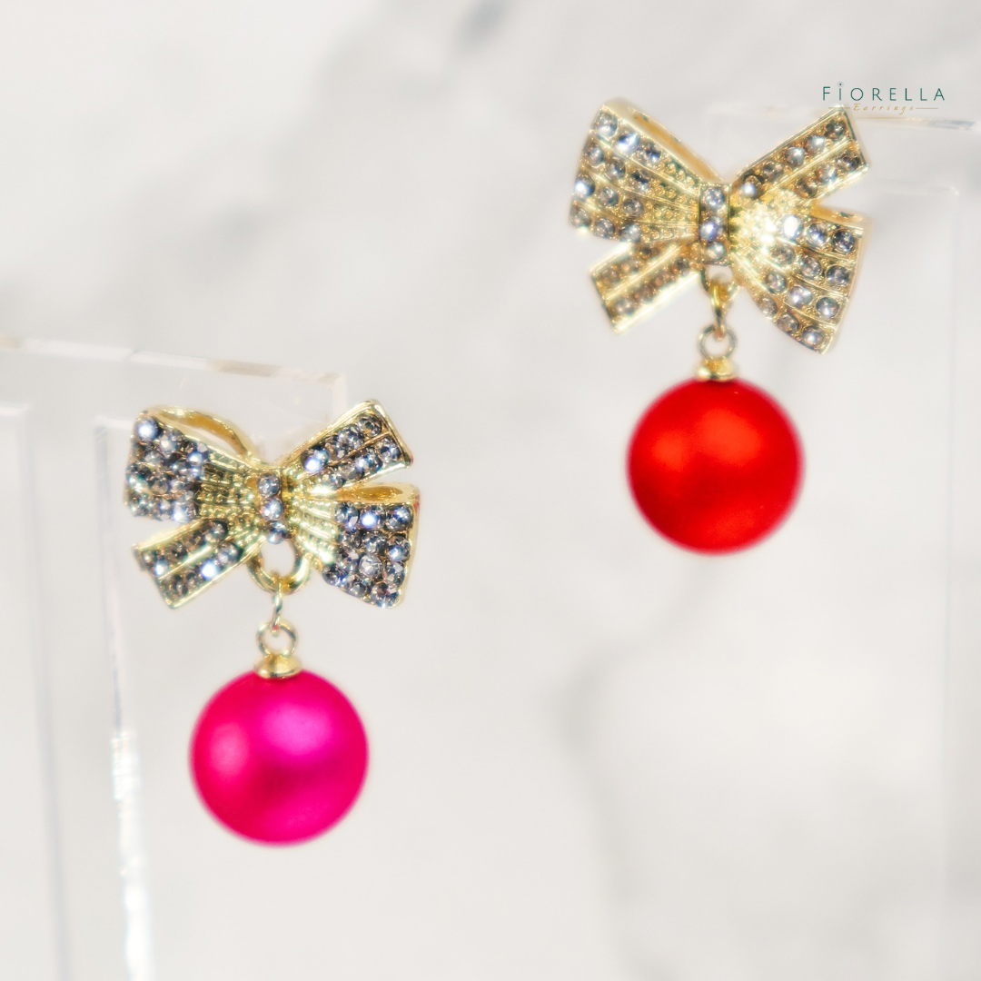 Gold Diamanté Bow & Hot Pink Drop Earrings