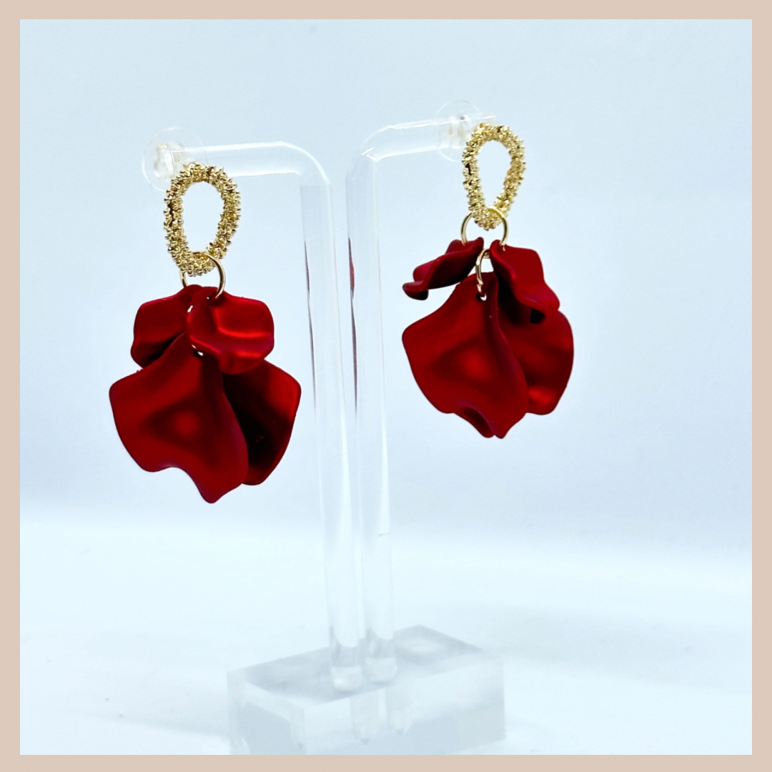 Acrylic Petal Small Cluster Drop Earrings - Ruby Shimmer & Gold