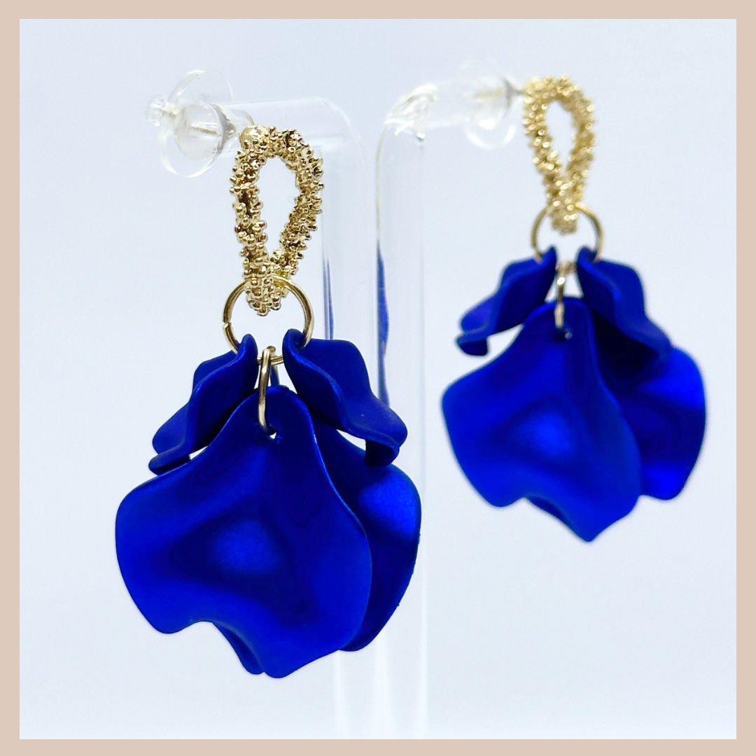 Acrylic Petal Small Cluster Drop Earrings - Sapphire Shimmer & Gold