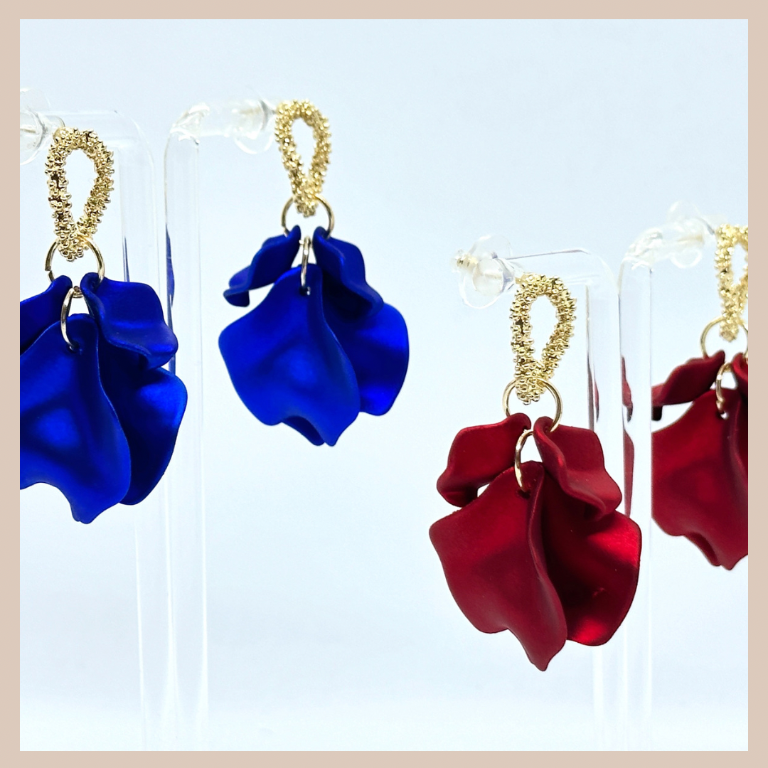 Acrylic Petal Small Cluster Drop Earrings - Sapphire Shimmer & Gold