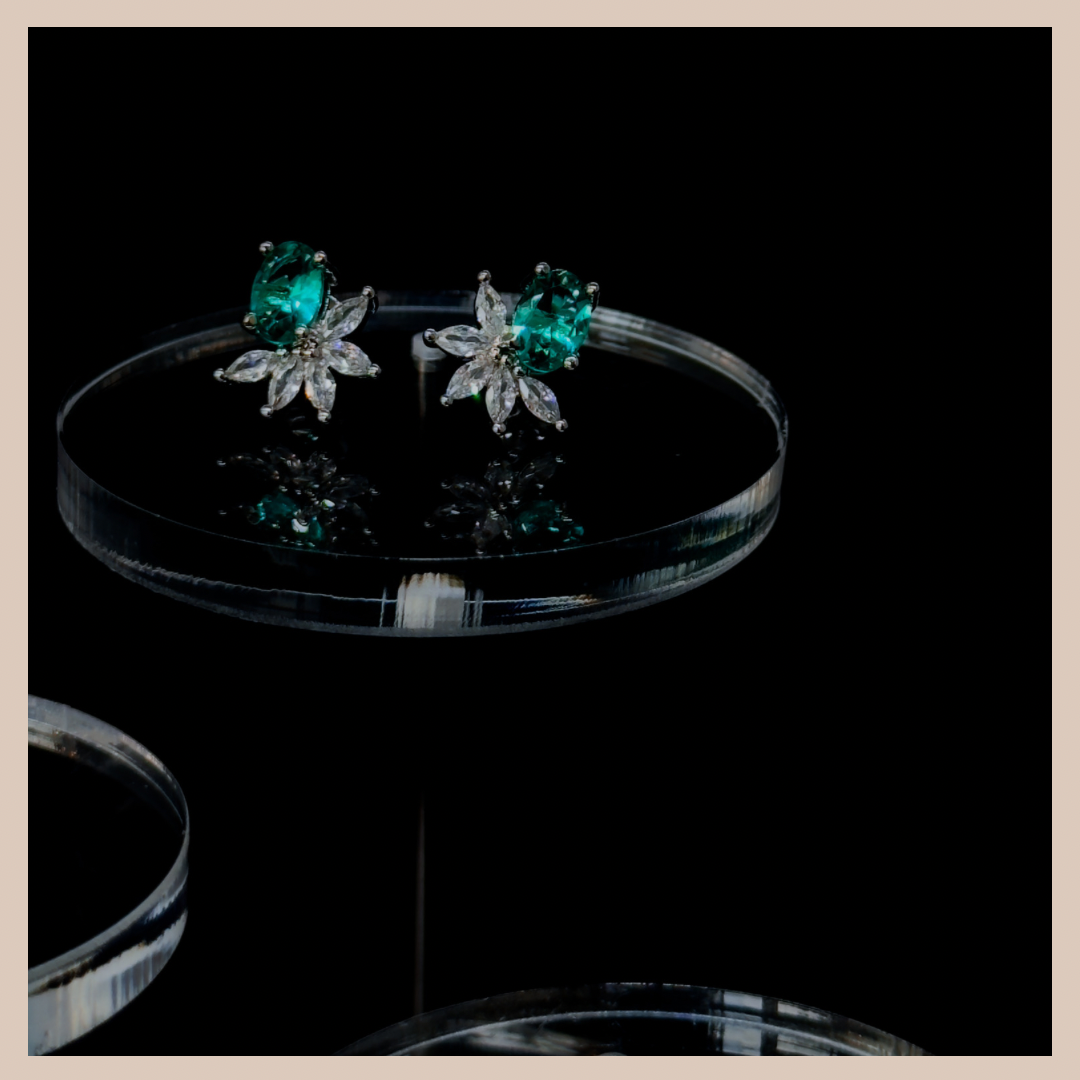 Elegant Jade & Diamanté Half Flower Stud Earrings