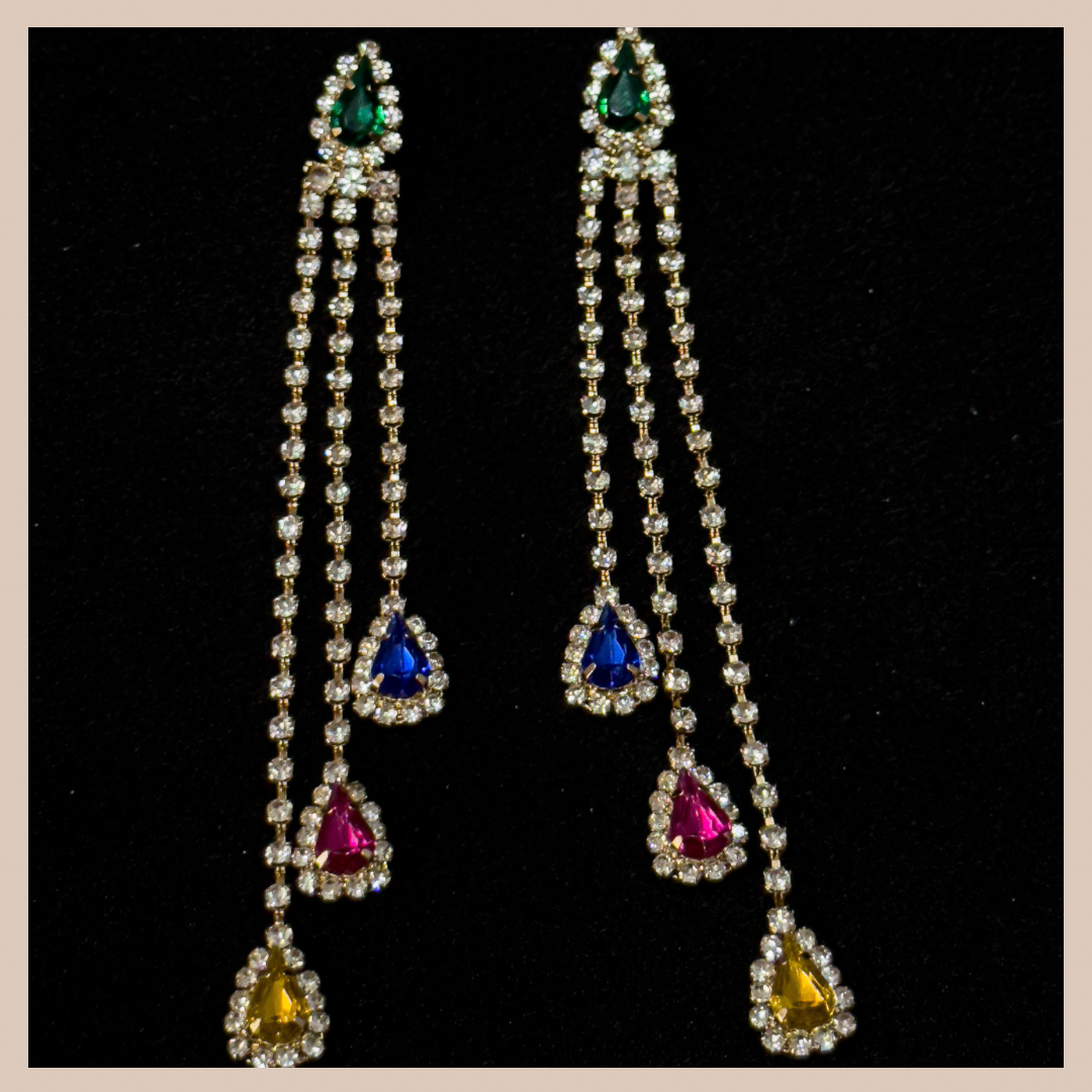 Trio Tassel Diamanté & Rhinestone  Drops - Gold