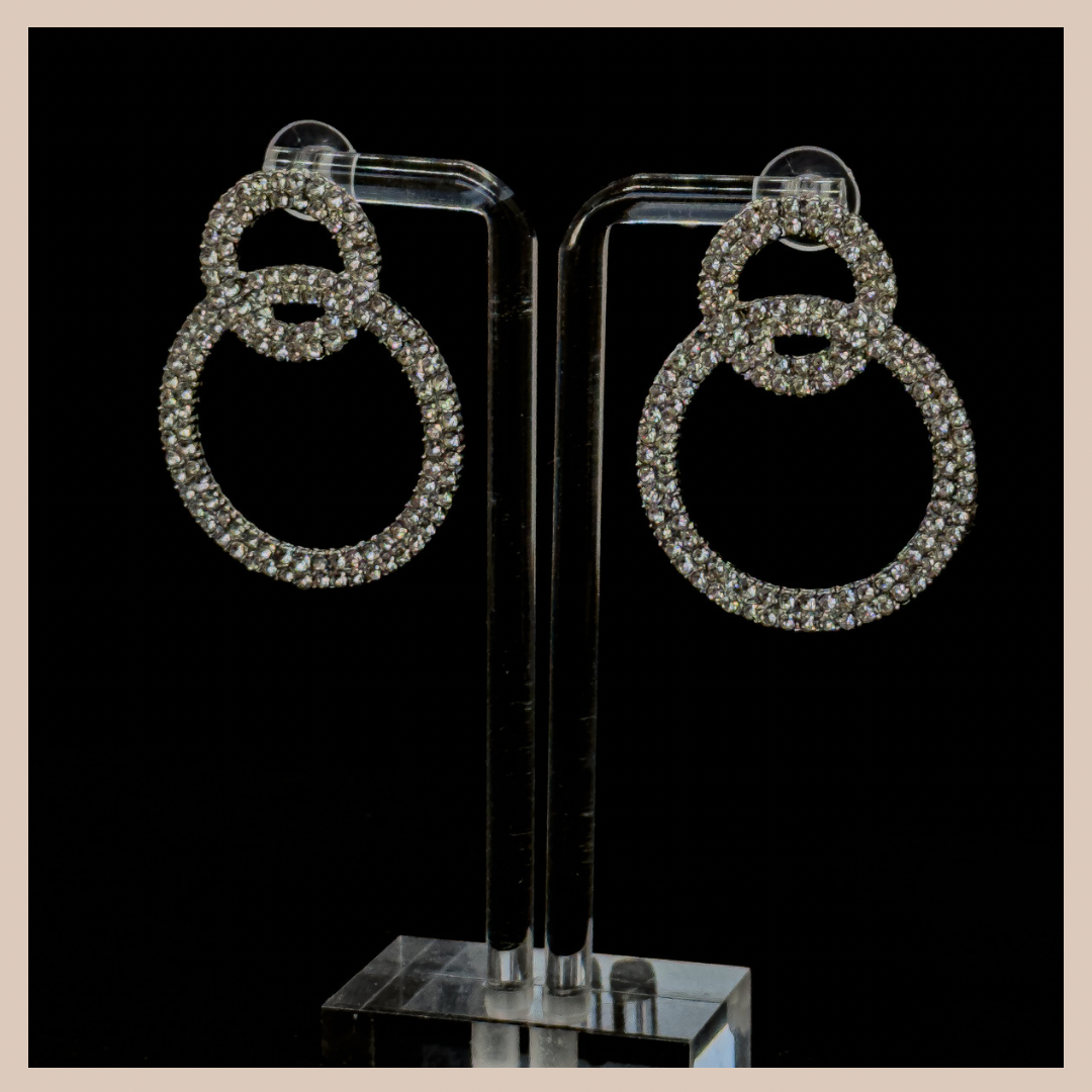 Silver Sparkle Large Double Circle Diamanté Earrings - Silver