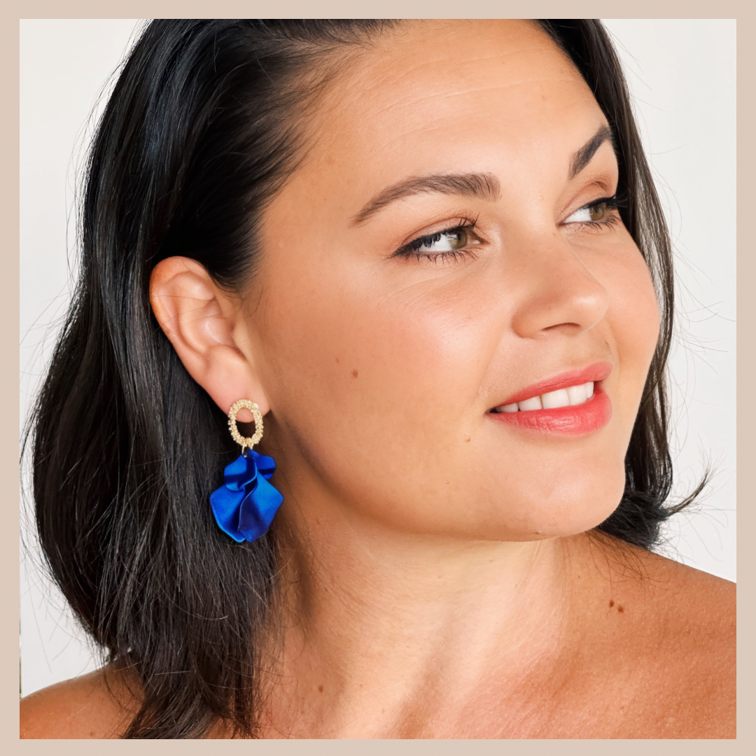 Acrylic Petal Small Cluster Drop Earrings - Sapphire Shimmer & Gold