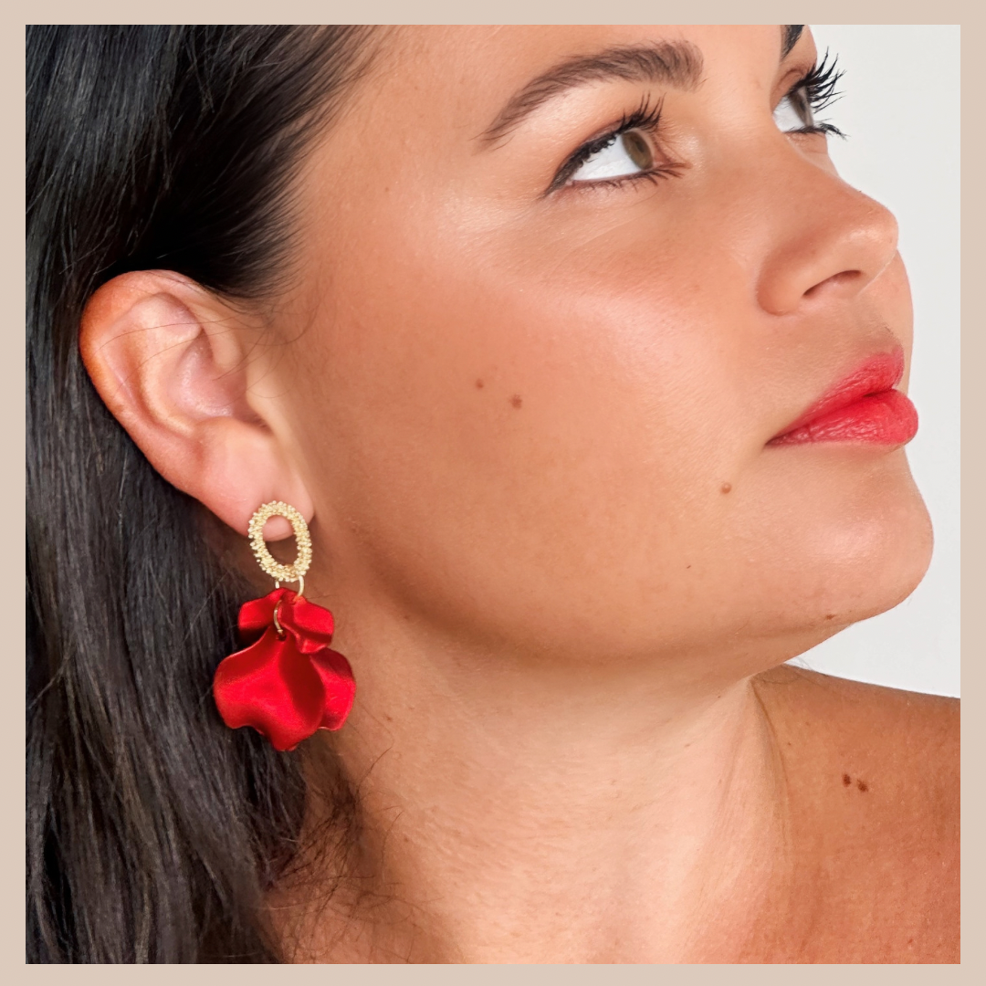 Acrylic Petal Small Cluster Drop Earrings - Ruby Shimmer & Gold