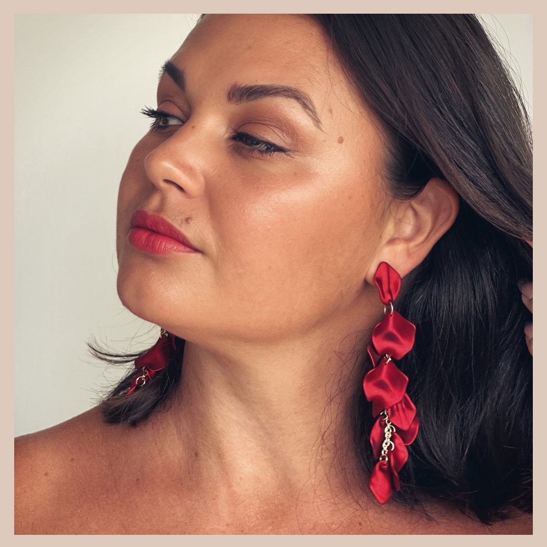 Acrylic Petal Tassel Drop Earrings - Ruby Shimmer