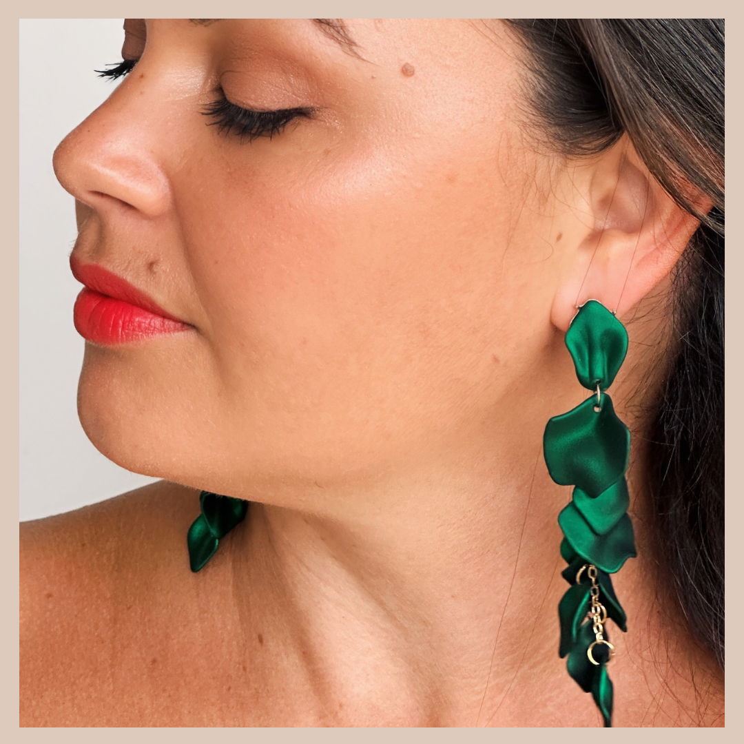 Acrylic Petal Tassel Drop Earrings - Emerald Shimmer