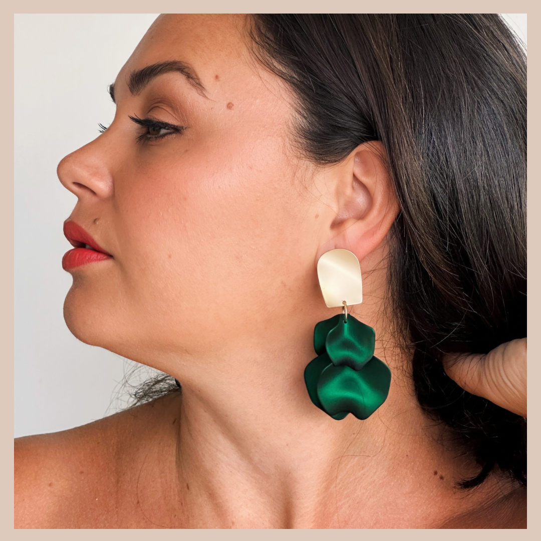 Acrylic Petal Short Drop Earrings - Emerald Shimmer & Gold