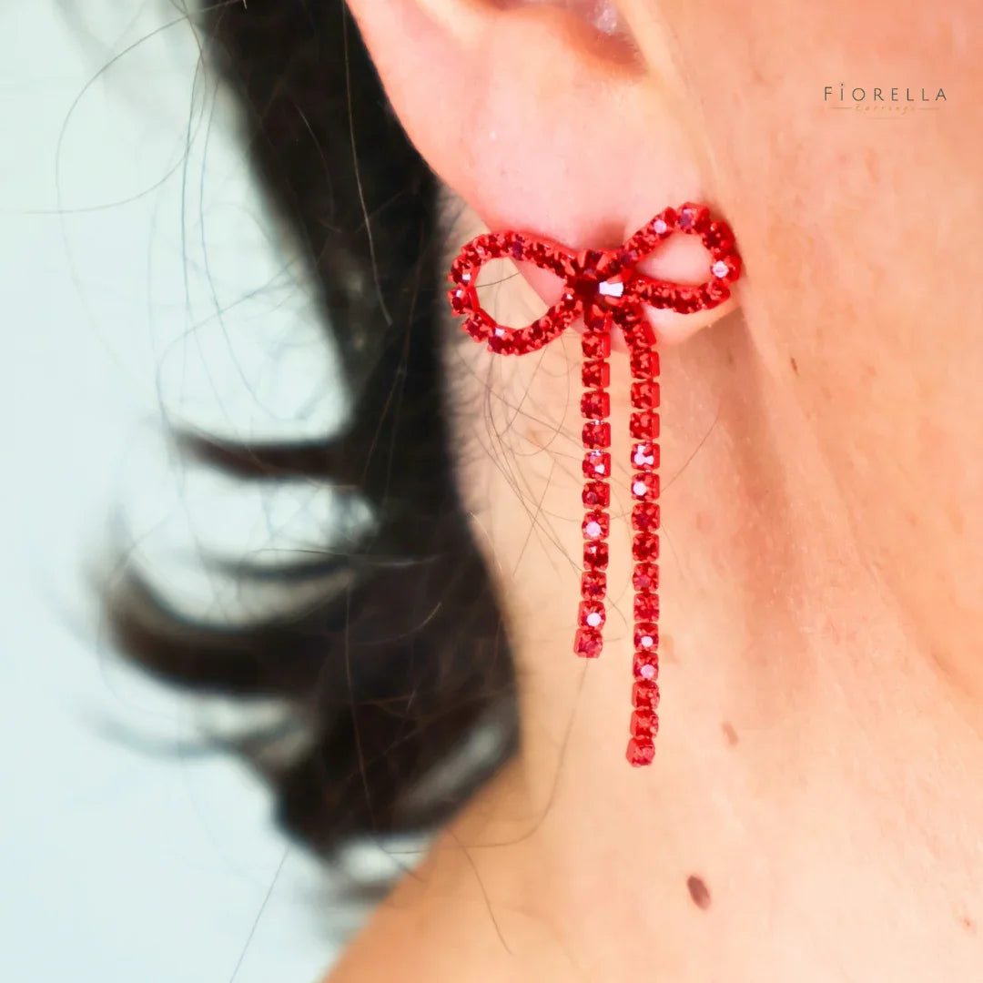 Diamante Bow Earrings - Bright Red