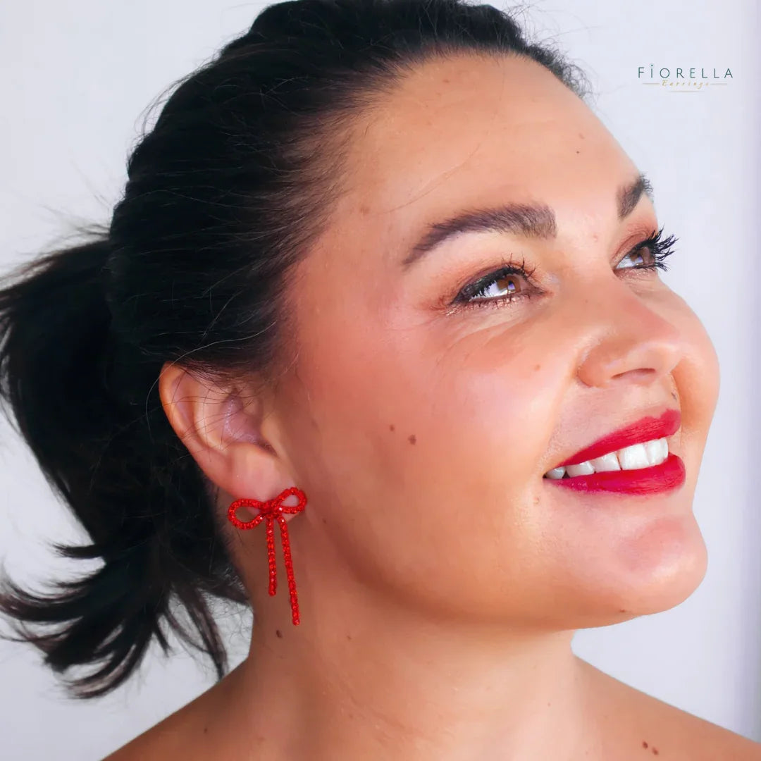 Diamante Bow Earrings - Bright Red