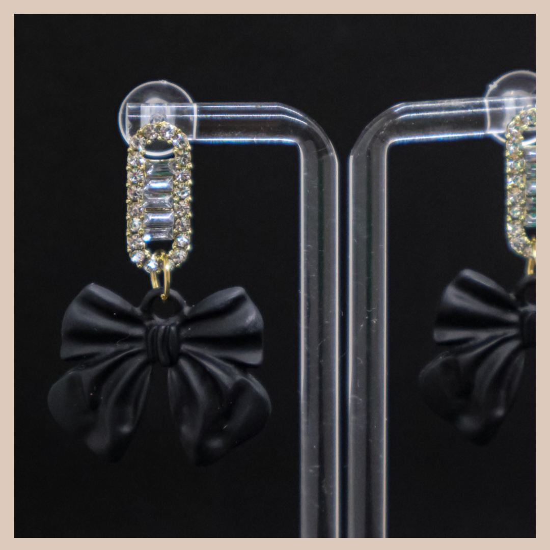 Bow & Diamanté Earrings - Black