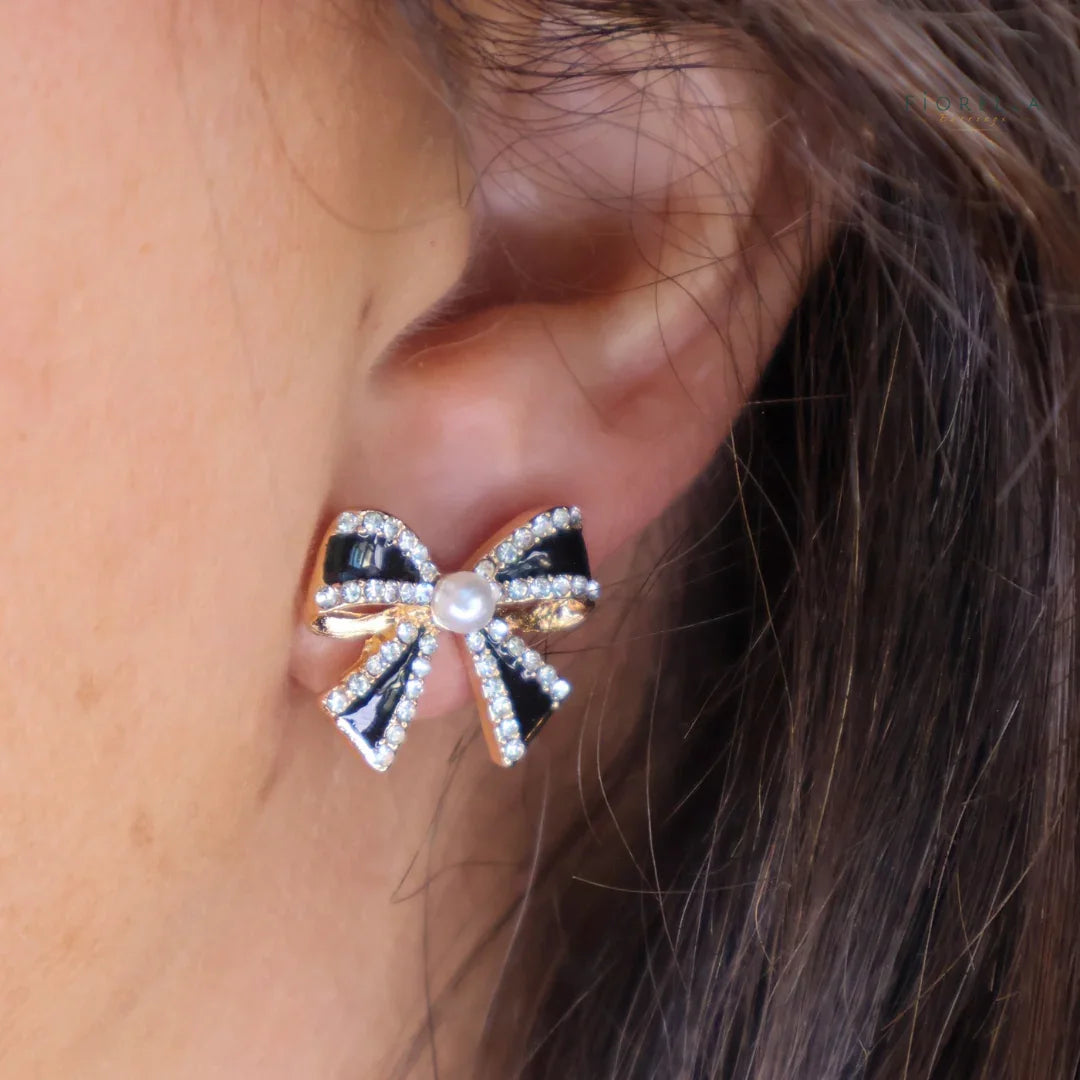 Black Diamanté & Pearl Bow Stud Earrings