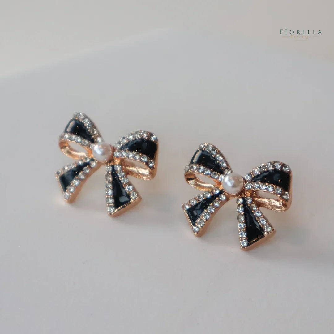 Black Diamanté & Pearl Bow Stud Earrings