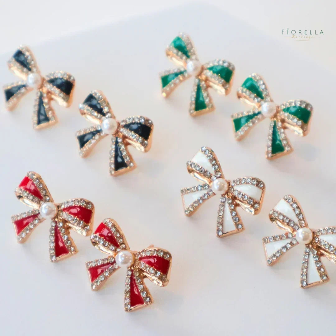 Black Diamanté & Pearl Bow Stud Earrings