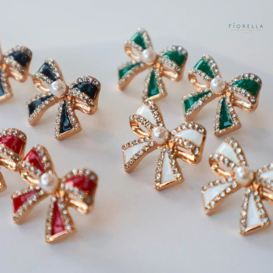 Black Diamanté & Pearl Bow Stud Earrings