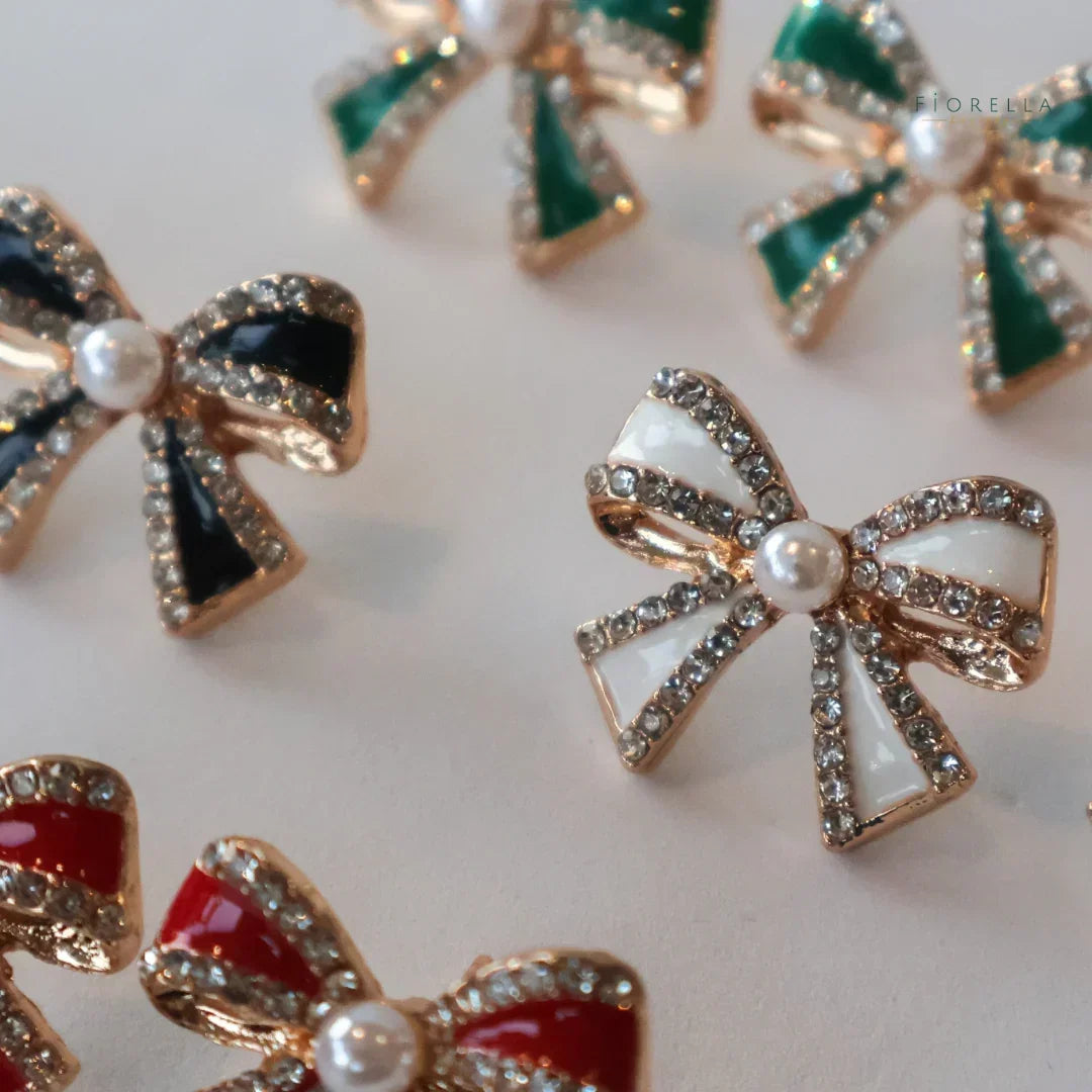Black Diamanté & Pearl Bow Stud Earrings