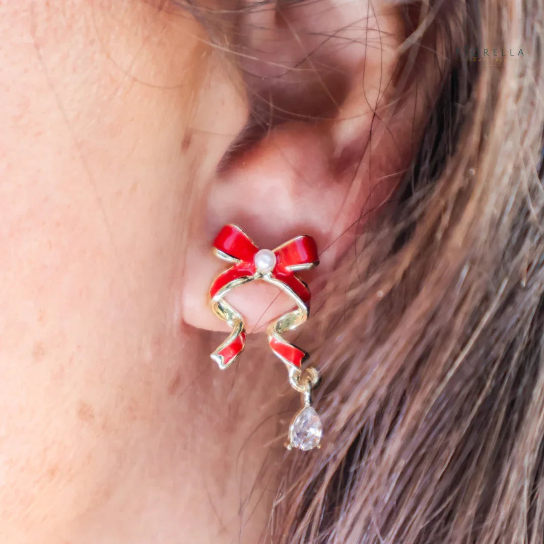 Crystal & Pearl Red Ribbon Bow Earrings