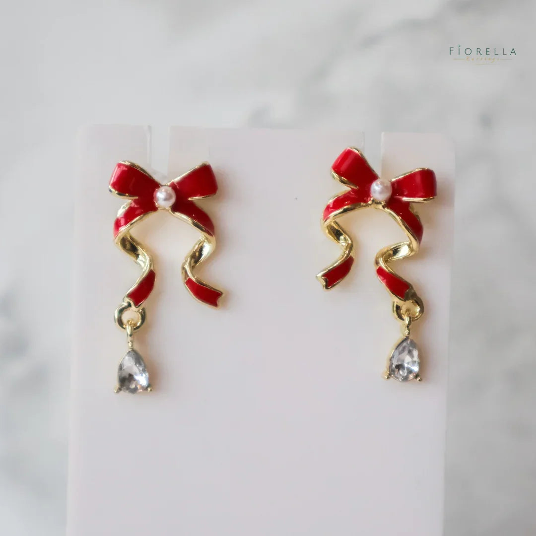 Crystal & Pearl Red Ribbon Bow Earrings
