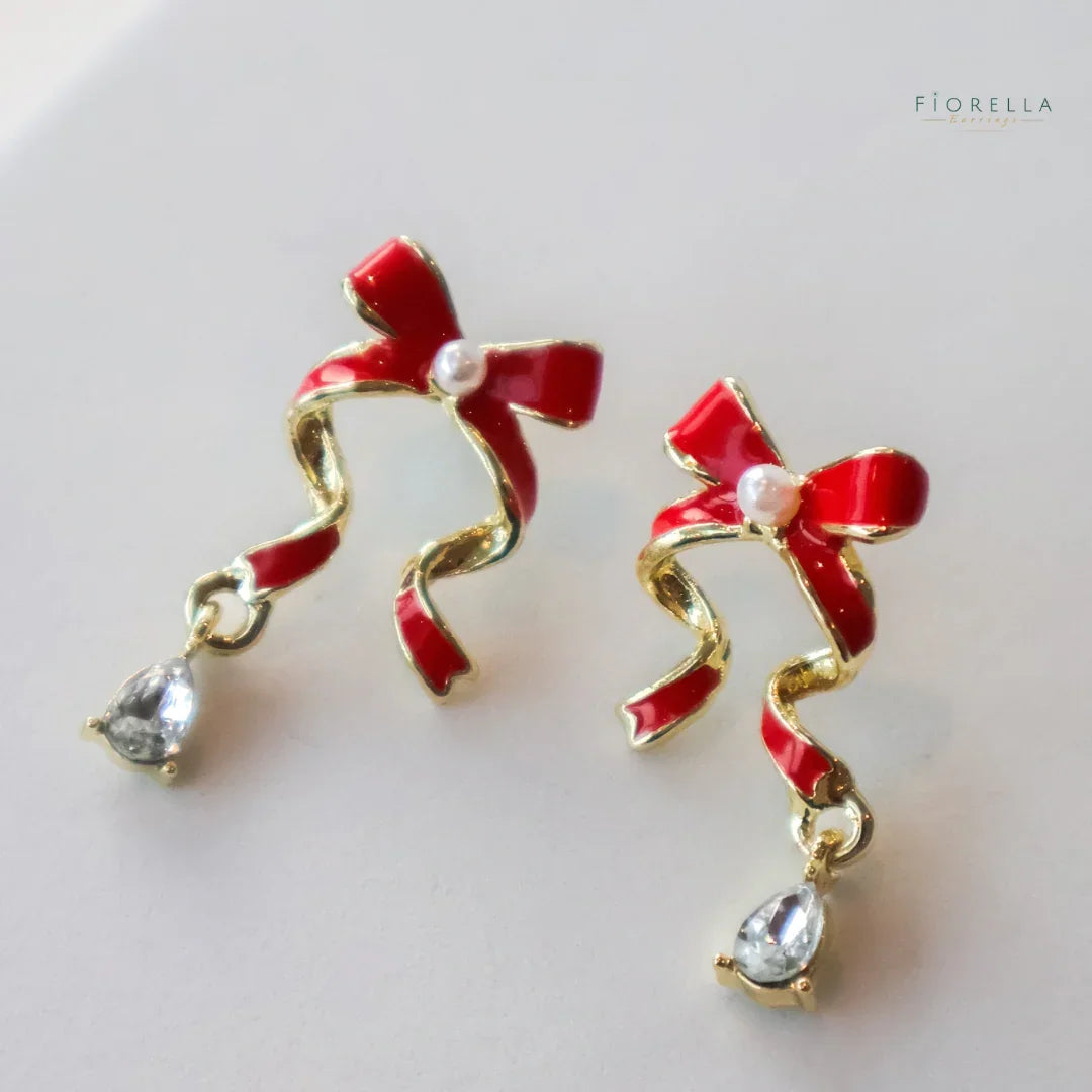 Crystal & Pearl Red Ribbon Bow Earrings