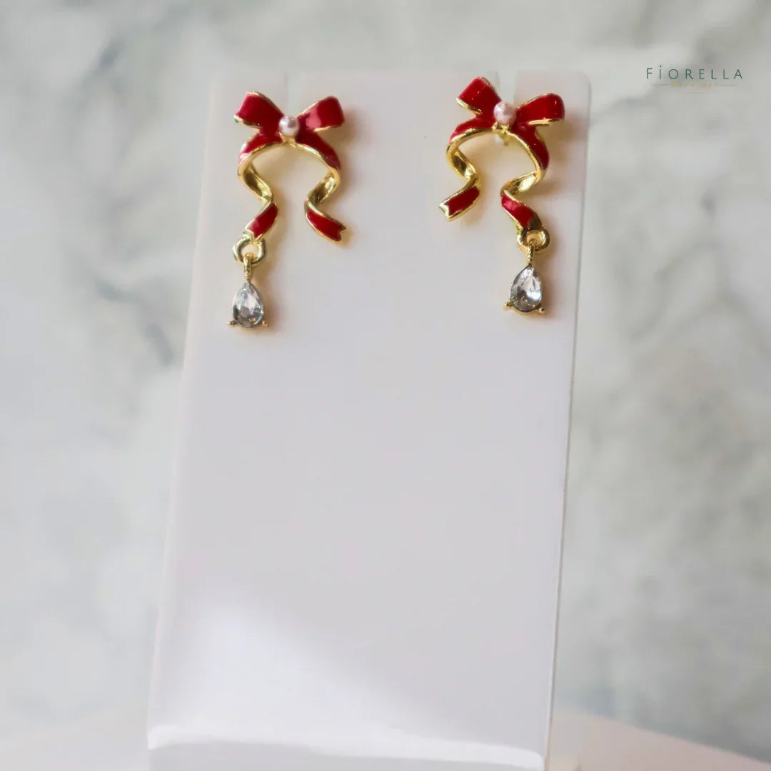 Crystal & Pearl Red Ribbon Bow Earrings