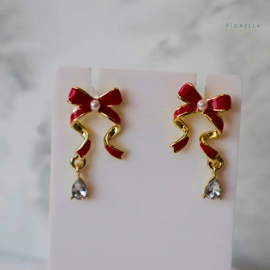 Crystal & Pearl Red Ribbon Bow Earrings