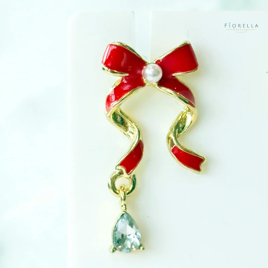 Crystal & Pearl Red Ribbon Bow Earrings