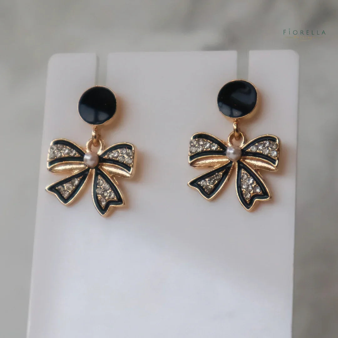 Black & Gold Enamel Bow Earrings – Crystal & Pearl Statement Studs