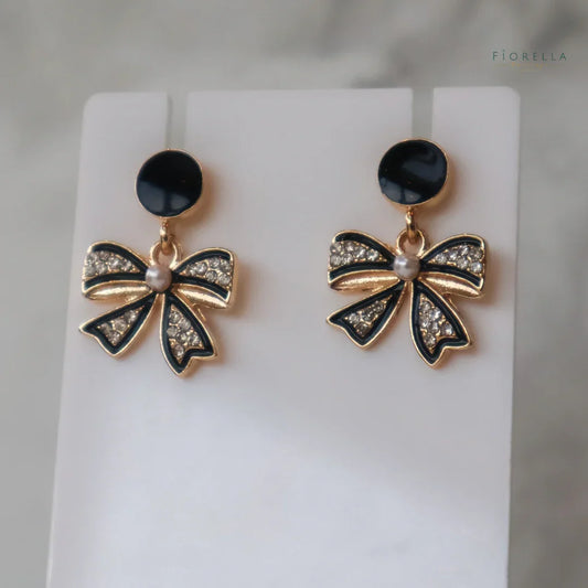 Black & Gold Enamel Bow Earrings – Crystal & Pearl Statement Studs