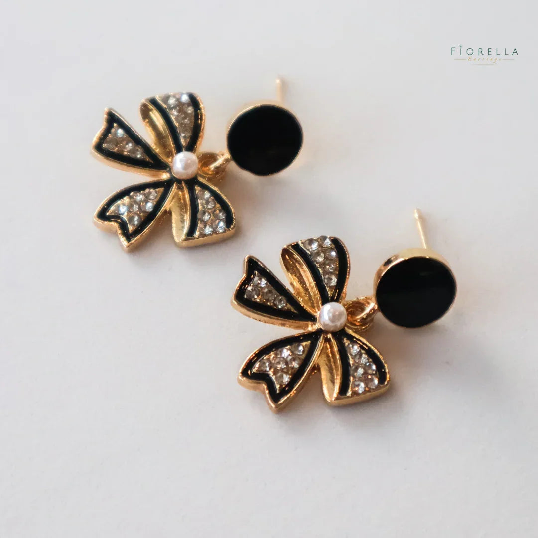 Black & Gold Enamel Bow Earrings – Crystal & Pearl Statement Studs