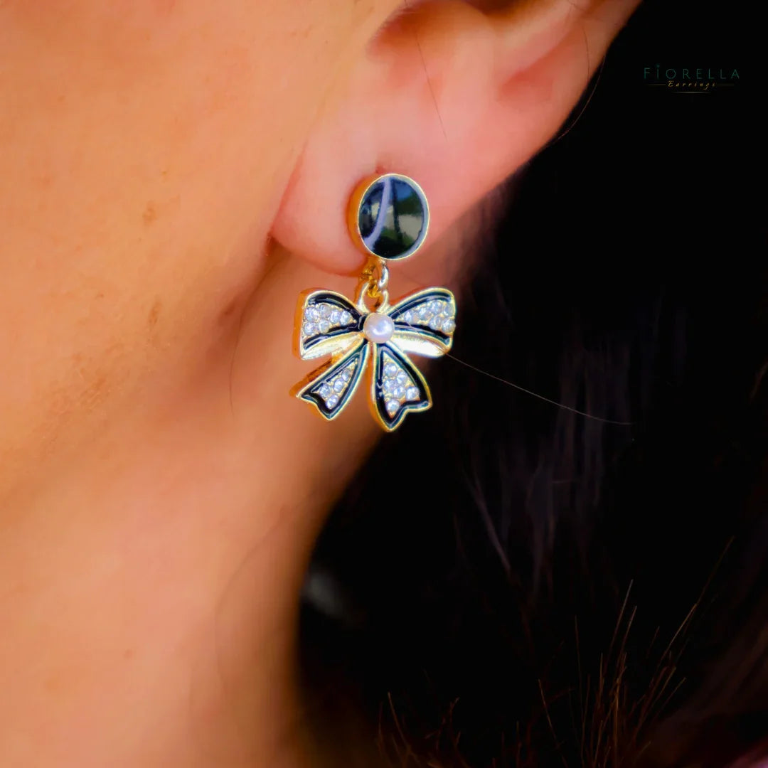 Black & Gold Enamel Bow Earrings – Crystal & Pearl Statement Studs