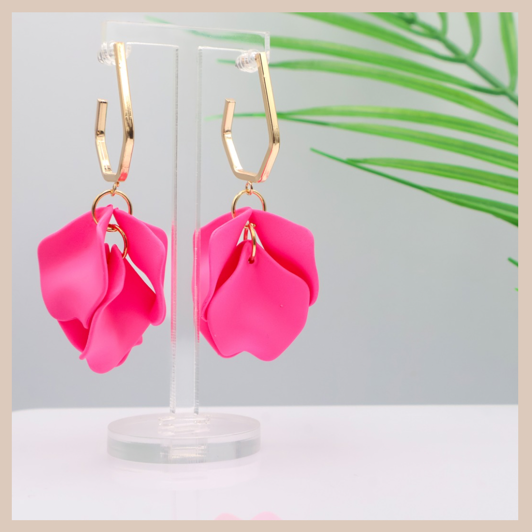 Acrylic Petal Short Drop Earrings -  Hot Pink