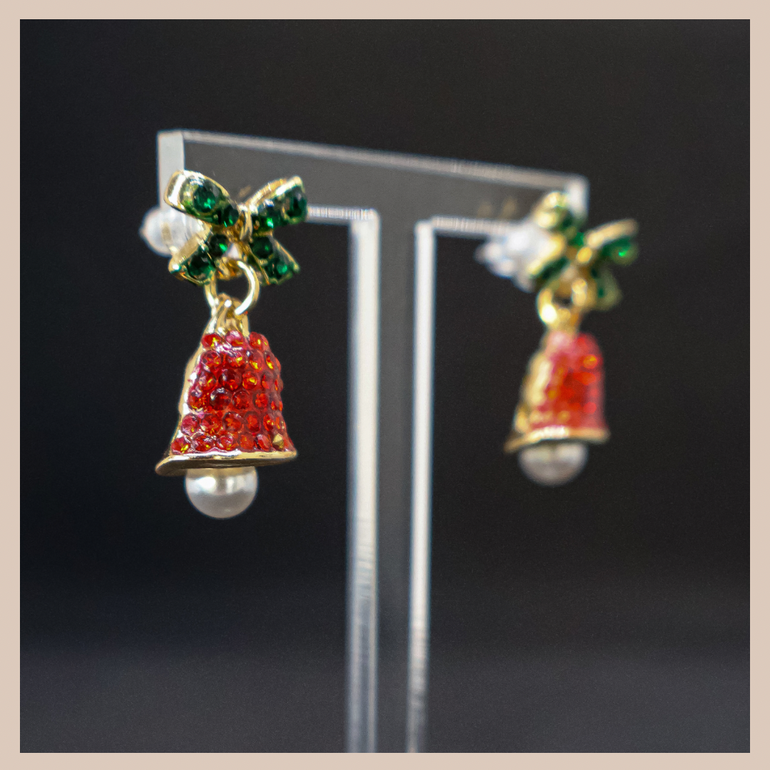 Christmas Diamante & Pearl Bells Earrings