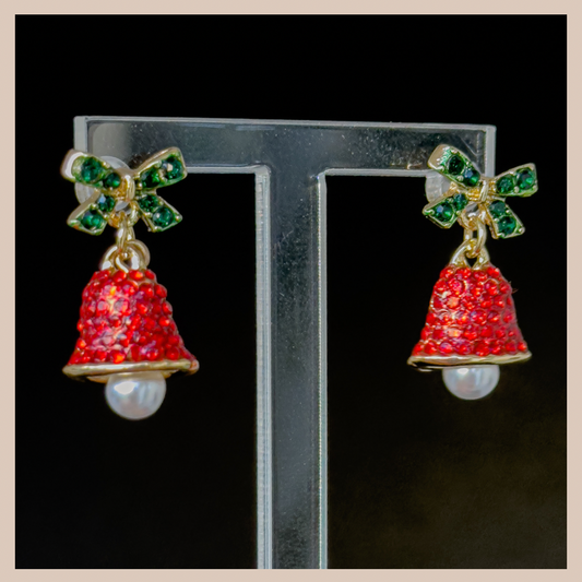 Christmas Diamante & Pearl Bells Earrings