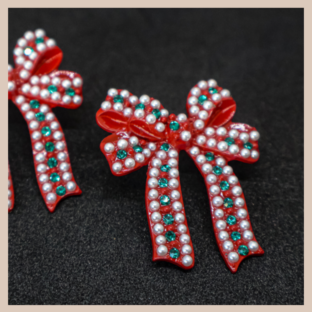 Christmas Bow Pearl & Diamante Earrings - Red