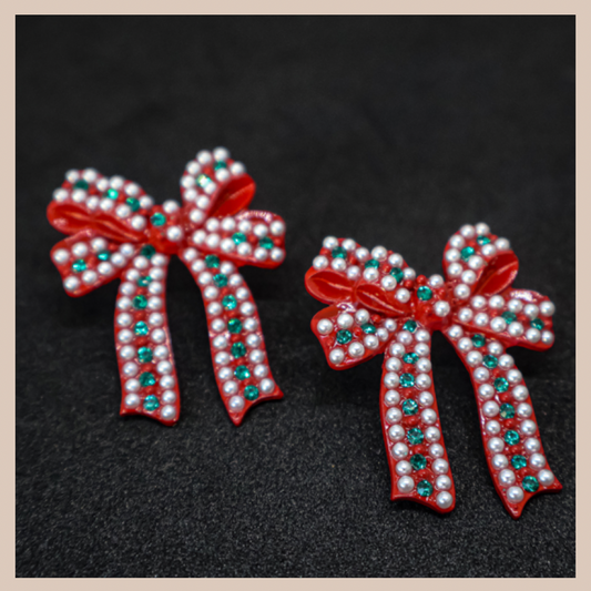 Christmas Bow Pearl & Diamante Earrings - Red